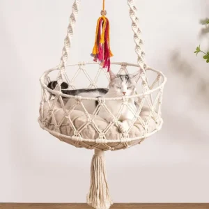 MEWOOFUN Boho Macrame Cat Swing - Handwoven Hanging Bed With Soft Mat & Toy For Indoor Cats, Decorative Hammock For Sleeping & Play Beige